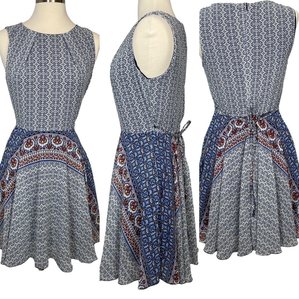 LA Soul Sleeveless Print Lined Dress w/Pockets Waist Tie Blue/Ivory/Red Size S